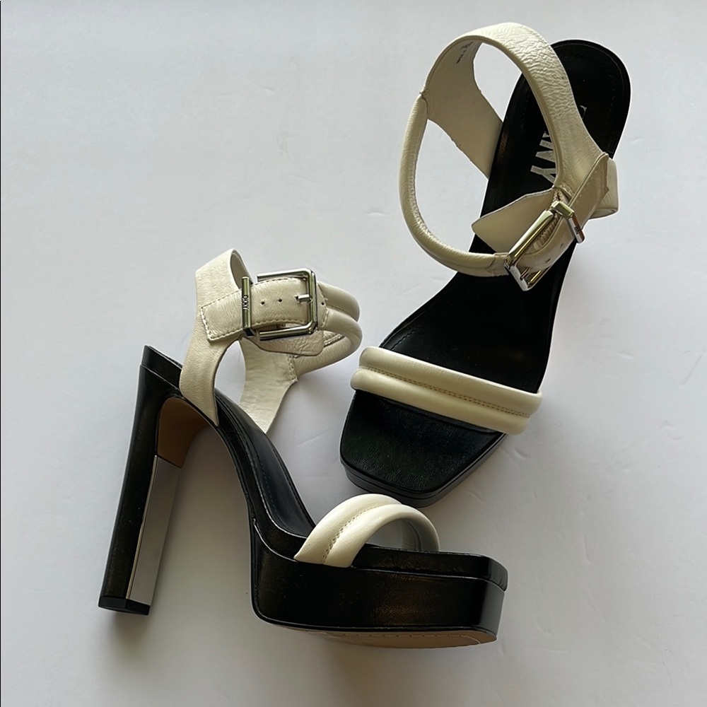 Dkny Black and Cream Platform Heels with Ankle Strap